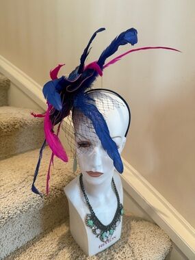 Fascinator Headband with Blue and Fuchsia Feathers
